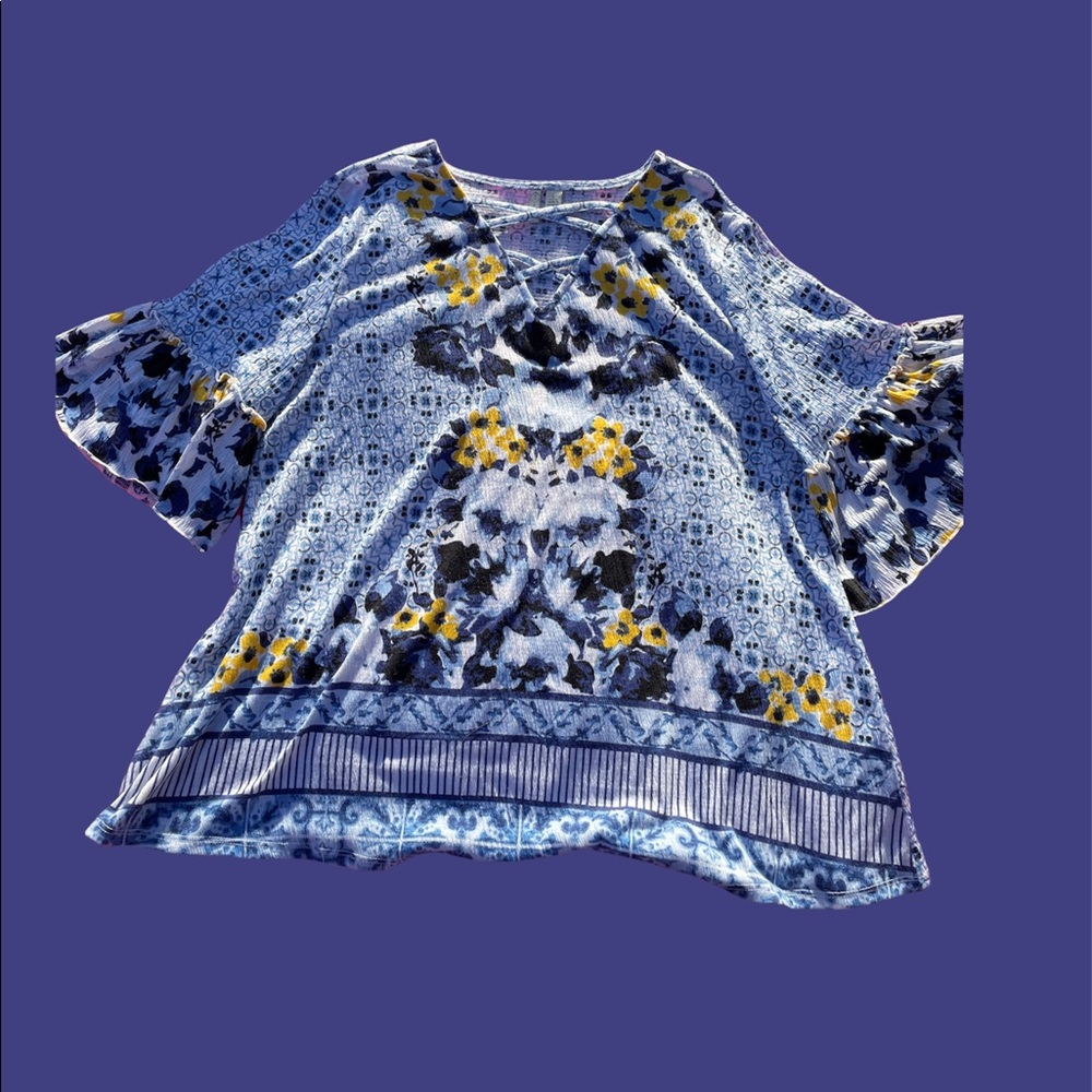 Blue and yellow floral blouse